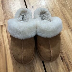 Fireside by Dearfoams Faux Shearling Suede Slippers Womens 7 Brown Cozy